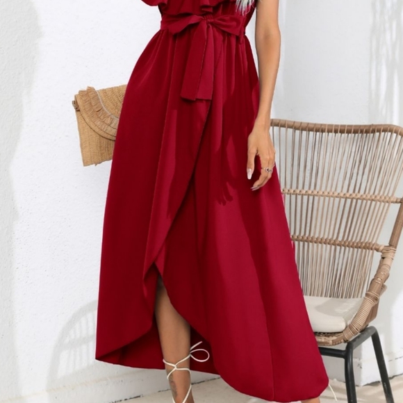 Chic Cascade Tied Midi Dress - Wine - Picture 10 of 14